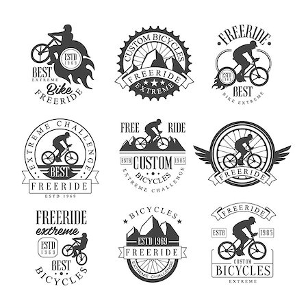 extreme bicycle vector - Custom Made Free Ride Bike Shop Black And White Sign Design Templates With Text And Tools Silhouettes. Collection Of Monochrome Vector Emblems For Off-Road Bicycle Club Advertisement. Stock Photo - Budget Royalty-Free & Subscription, Code: 400-08930107