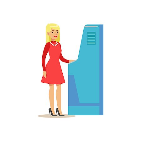 simsearch:400-07142149,k - Bank Visitor Using ATM Cash Machine. Bank Service, Account Management And Financial Affairs Themed Vector Illustration. Smiling Cartoon Characters In Bank Office Interior Vector Illustration. Stock Photo - Budget Royalty-Free & Subscription, Code: 400-08930128