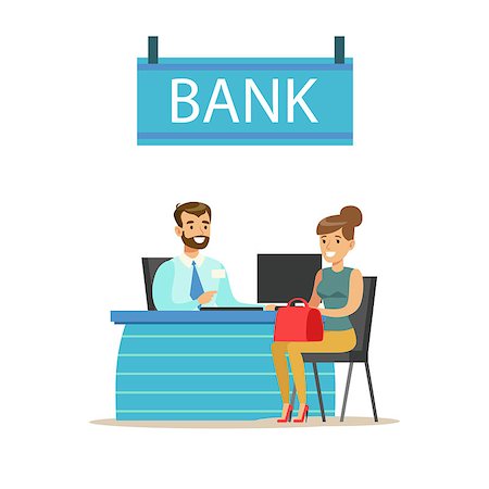 Bank Manager At His Desk And The Client. Bank Service, Account Management And Financial Affairs Themed Vector Illustration. Smiling Cartoon Characters In Bank Office Interior Vector Illustration. Photographie de stock - Aubaine LD & Abonnement, Code: 400-08930129