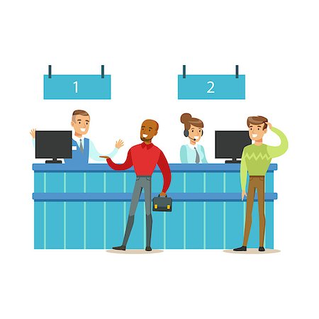 situation - Client Service Counter With Bank Visitors And Workers. Bank Service, Account Management And Financial Affairs Themed Vector Illustration. Smiling Cartoon Characters In Bank Office Interior Vector Illustration. Stock Photo - Budget Royalty-Free & Subscription, Code: 400-08930130