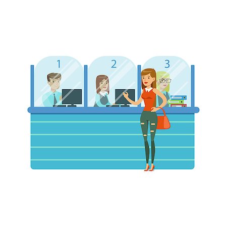 paying money cashier - Three Bank Operators In Glass Cubicles And Woman Client. Bank Service, Account Management And Financial Affairs Themed Vector Illustration. Smiling Cartoon Characters In Bank Office Interior Vector Illustration. Stock Photo - Budget Royalty-Free & Subscription, Code: 400-08930131