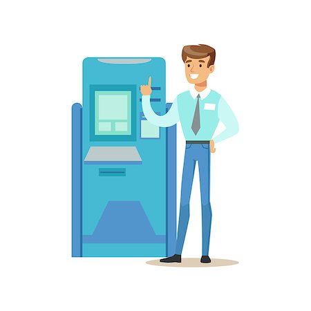 Bank Consultant Standing Next To ATM Cash Machine. Bank Service, Account Management And Financial Affairs Themed Vector Illustration. Smiling Cartoon Characters In Bank Office Interior Vector Illustration. Stock Photo - Budget Royalty-Free & Subscription, Code: 400-08930132