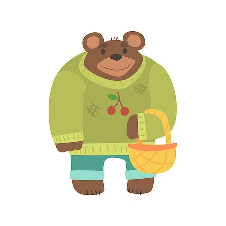 simsearch:400-08712142,k - Brown Bear In Sweater With Wicker Basket, Forest Animal Dressed In Human Clothes Smiling Cartoon Character. Vector Childish Flat Illustration With Funky Woodland Fauna. Stockbilder - Microstock & Abonnement, Bildnummer: 400-08930155