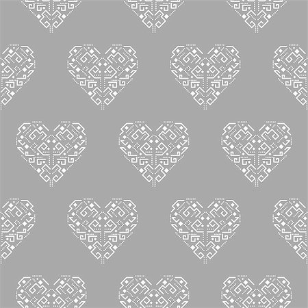 simsearch:400-08934681,k - Tribal heart shape ornament seamless vector pattern. Gray and white tileable aztec background. Stockbilder - Microstock & Abonnement, Bildnummer: 400-08930424