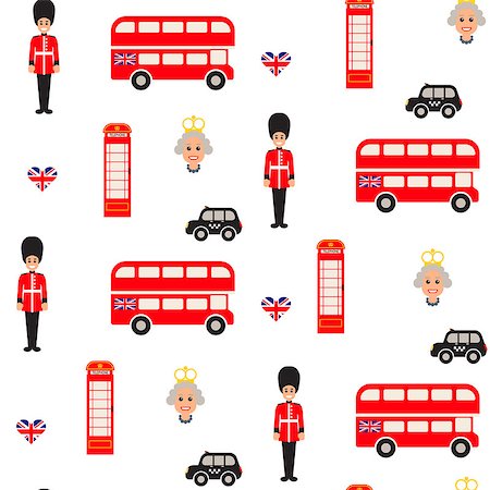 doubledecker - England symbols vector seamless pattern. Doubledecker bus, guardman, queen and telephone booth icons background. Stock Photo - Budget Royalty-Free & Subscription, Code: 400-08930439