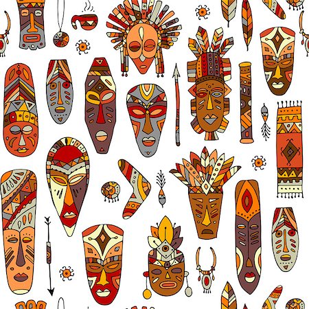 Tribal mask ethnic, seamless pattern, sketch for your design. Vector illustration Stock Photo - Budget Royalty-Free & Subscription, Code: 400-08930512