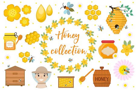 Honey collection. Beekeeping set of objects isolated on white background. Apiculture kit of design elements flat, cartoon style. Vector illustration, clip-art Stock Photo - Budget Royalty-Free & Subscription, Code: 400-08930712