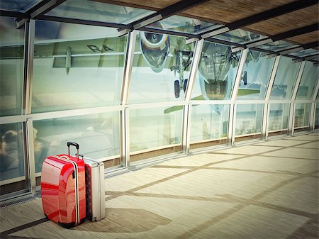 s_tiden (artist) - stack of traveling luggage in airport terminal and passenger plane flying over building in city Stock Photo - Budget Royalty-Free & Subscription, Code: 400-08930738