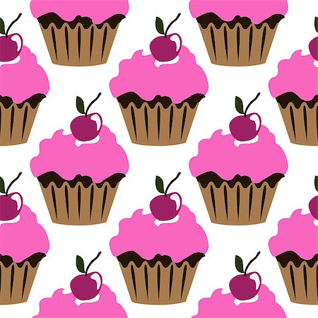simsearch:400-08196602,k - Pink cream cupcake with cherry seamless pattern. Vector illustration Photographie de stock - Aubaine LD & Abonnement, Code: 400-08930807