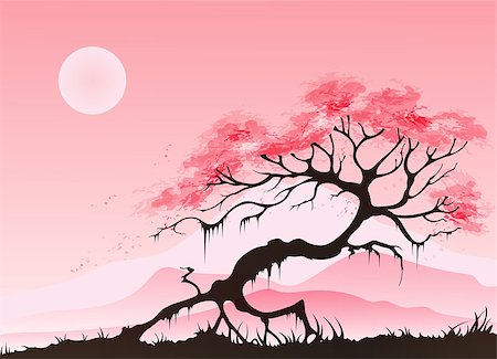 flowers in moonlight - Spring landscape with cherry blossom and mountains on a pink background Stock Photo - Budget Royalty-Free & Subscription, Code: 400-08930860