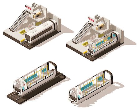 Vector isometric low poly subway train station cross-section. Includes escalator, subway entrance gates and train cross-section Stock Photo - Budget Royalty-Free & Subscription, Code: 400-08931012