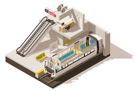 Vector isometric low poly subway train station cross-section. Includes escalator, subway entrance gates and train cross-section Stock Photo - Budget Royalty-Free & Subscription, Code: 400-08931013