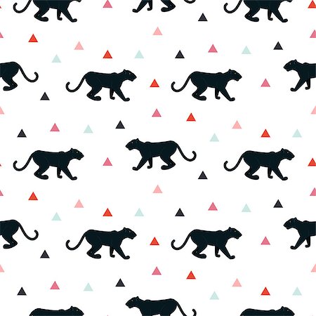 felis concolor - Silhouette of leopard seamless white pattern. Black wild cat on white background with pink triangles. Stock Photo - Budget Royalty-Free & Subscription, Code: 400-08931236
