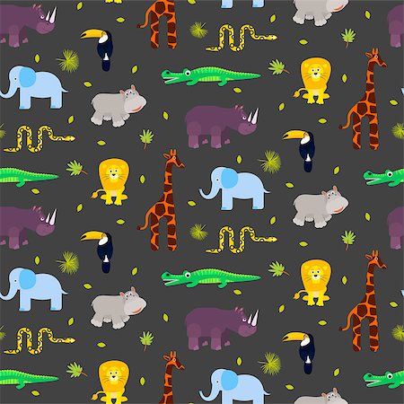 Zoo animals kid seamless pattern vector. Giraffe, lion, rhino, crocodile, snake and hippo on gray background. Stock Photo - Budget Royalty-Free & Subscription, Code: 400-08931233