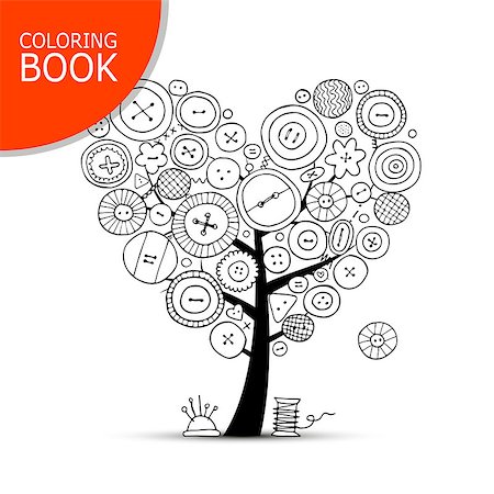 simsearch:400-06172938,k - Sewing tree with buttons. Coloring book page design. Vector illustration Foto de stock - Super Valor sin royalties y Suscripción, Código: 400-08931509