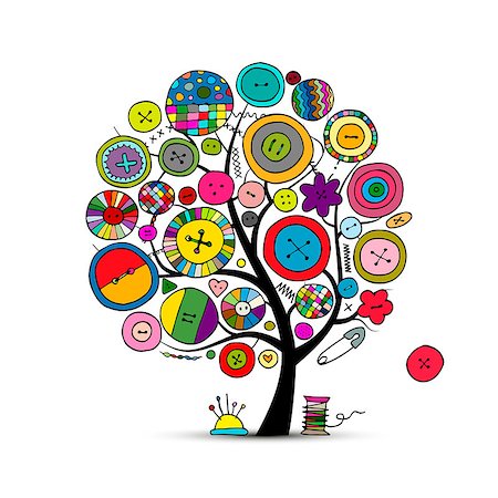 plastic flowers - Sewing crafts, art tree. Sketch for your design. Vector illustration Stock Photo - Budget Royalty-Free & Subscription, Code: 400-08931516