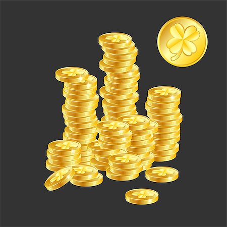 simsearch:400-06569678,k - Good luck money. A pile of gold coins with a good luck clover symbol. St. Patricks Day symbol of Ireland.Money a symbol of success and luck a vector an illustration on black background Stock Photo - Budget Royalty-Free & Subscription, Code: 400-08931536