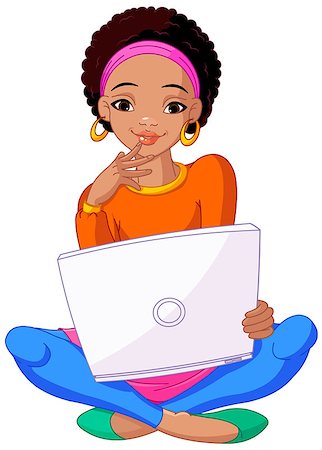 Happy young African woman sitting on cushion with laptop in lap Stock Photo - Budget Royalty-Free & Subscription, Code: 400-08931530