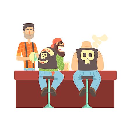 simsearch:400-06396545,k - Two Bikers Chatting At The Counter In Leather Vests And Jeans , Beer Bar And Criminal Looking Muscly Men Having Good Time Illustration. Part Of Series Of Dangerous Chunky Guys At The Pub Having Drinks Cool Vector Drawings. Photographie de stock - Aubaine LD & Abonnement, Code: 400-08931801