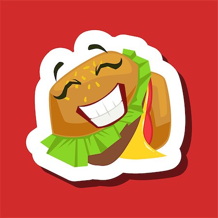 simsearch:400-08554549,k - Happy Smiling Burger Sandwich, Cute Emoji Sticker On Red Background. Humanized Fast Food Character Isolated Icon In Colorful Cartoon Design. Fotografie stock - Microstock e Abbonamento, Codice: 400-08931819