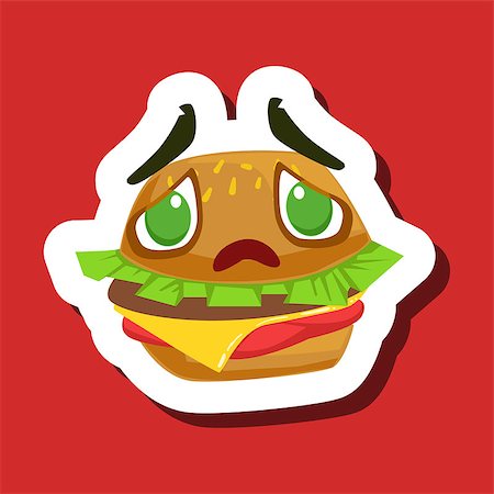 simsearch:400-08554549,k - Disappointed And Sad Burger Sandwich, Cute Emoji Sticker On Red Background. Humanized Fast Food Character Isolated Icon In Colorful Cartoon Design. Fotografie stock - Microstock e Abbonamento, Codice: 400-08931824