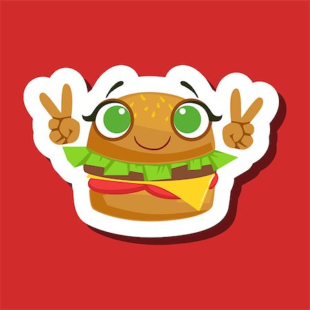 simsearch:400-08554549,k - Burger Sandwich Smiling Showing Peace Gesture, Cute Emoji Sticker On Red Background. Humanized Fast Food Character Isolated Icon In Colorful Cartoon Design. Fotografie stock - Microstock e Abbonamento, Codice: 400-08931820