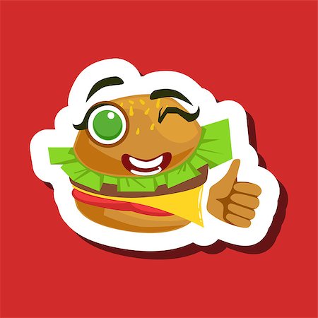 simsearch:400-08554549,k - Burger Sandwich Showing Thumbs Up, Cute Emoji Sticker On Red Background. Humanized Fast Food Character Isolated Icon In Colorful Cartoon Design. Fotografie stock - Microstock e Abbonamento, Codice: 400-08931821