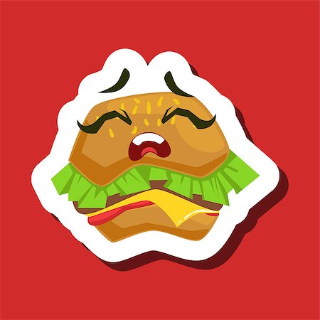 simsearch:400-08554549,k - Upset Burger Sandwich, Cute Emoji Sticker On Red Background. Humanized Fast Food Character Isolated Icon In Colorful Cartoon Design. Fotografie stock - Microstock e Abbonamento, Codice: 400-08931822