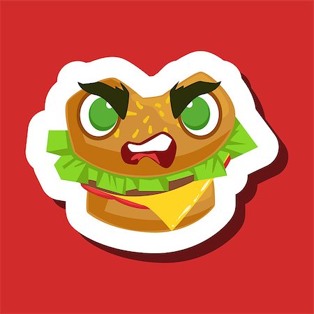 simsearch:400-08554549,k - Angry Burger Sandwich, Cute Emoji Sticker On Red Background. Humanized Fast Food Character Isolated Icon In Colorful Cartoon Design. Fotografie stock - Microstock e Abbonamento, Codice: 400-08931823