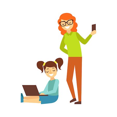 family gadgets - Mother With Smartphone And Girl With Ponytails And Lap Top, Person Being Online All The Time Obsessed With Gadget. Modern Technology Devices And Internet Life Impact Simple Vector Illustration. Stock Photo - Budget Royalty-Free & Subscription, Code: 400-08931831