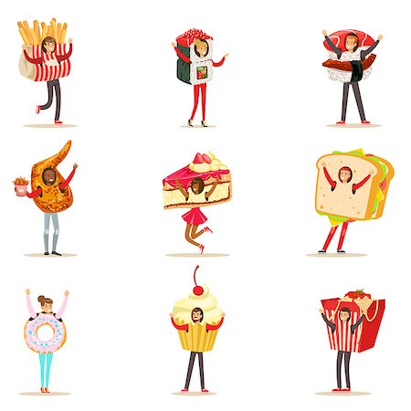 sushi dessert - People Wearing Fast Food Snacks Costumes Disguised As Cafe Menu Items Collection Of Cartoon Characters. Junk Food And Take Away Lunch Giant Disguised For Adult People Vector Illustrations. Foto de stock - Super Valor sin royalties y Suscripción, Código: 400-08931846