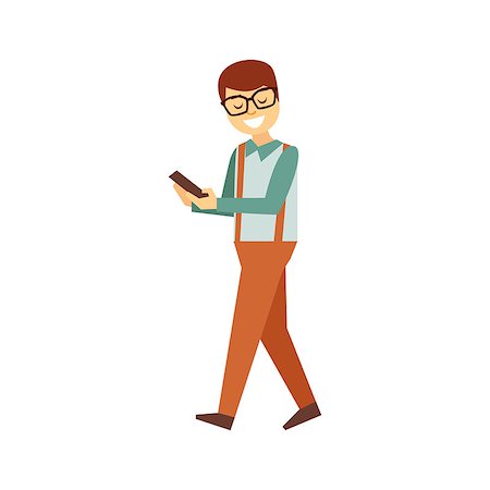 Man In Glasses Walking Looking At Smartphone Screen, Person Being Online All The Time Obsessed With Gadget. Modern Technology Devices And Internet Life Impact Simple Vector Illustration. Photographie de stock - Aubaine LD & Abonnement, Code: 400-08931841