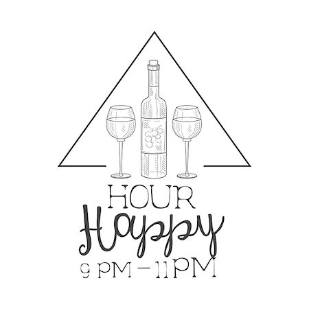 pomo - Bar Happy Hour Promotion Sign Design Template Hand Drawn Hipster Sketch With Bottle Of Wine And Two Glasses. Cool Illustration With Advertisement Elements For The Cafe Free Drinking Time. Stock Photo - Budget Royalty-Free & Subscription, Code: 400-08931854