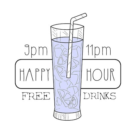 simsearch:400-08931159,k - Bar Happy Hour Promotion Sign Design Template Hand Drawn Hipster Sketch With Full Tall Cocktail Glass With Straw. Cool Illustration With Advertisement Elements For The Cafe Free Drinking Time. Stock Photo - Budget Royalty-Free & Subscription, Code: 400-08931862