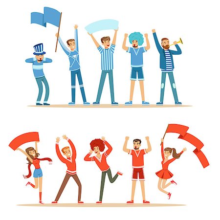 Two Groups Of Football Sports Fans Supporting Teams In Red And Blue Outfits Shouting And Cheering At The Stadium. People Sportive Devotees Making Noise Vector Illustrations With Smiling Cartoon Characters. Foto de stock - Super Valor sin royalties y Suscripción, Código: 400-08931896