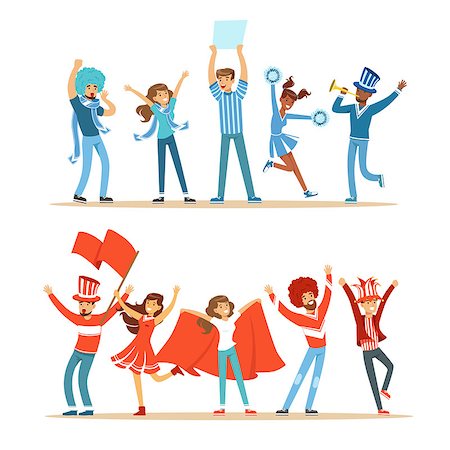 Two Groups Of Football Sports Fans Supporting Teams In Red And Blue Costumes Shouting And Cheering At The Stadium. People Sportive Devotees Making Noise Vector Illustrations With Smiling Cartoon Characters. Stock Photo - Budget Royalty-Free & Subscription, Code: 400-08931897