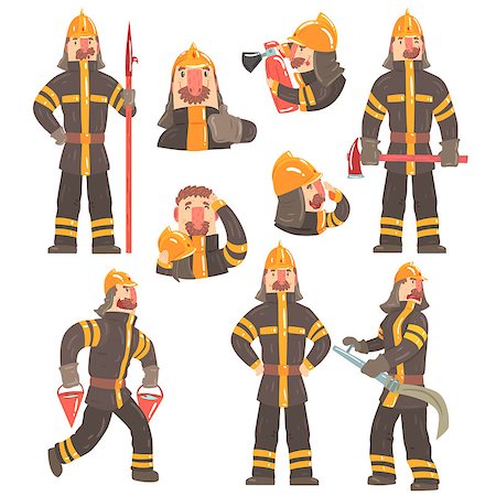 simsearch:400-07429745,k - Funny Fireman At Work Using Firefighting Gear And Wearing Firefighter Uniform With Helmet And Bunker Coat. Vector Illustration Set With Fire Rescue Service Professional Male Character. Stock Photo - Budget Royalty-Free & Subscription, Code: 400-08931898
