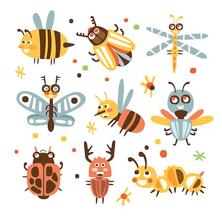 simsearch:400-05383771,k - Funky Bugs And Insects Set Of Small Animals With Smiling Faces And Stylized Design Of Bodies. Friendly Childish Creative Micro Fauna Prints In Bright Cartoon Colors On White Background. Stockbilder - Microstock & Abonnement, Bildnummer: 400-08931925