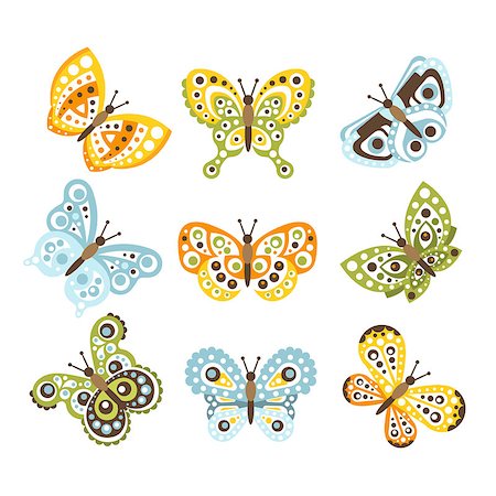 simsearch:400-07417266,k - Fantastic Tropical Butterfly With Funky Design Patterns On The Wings Set Of Creative Insect Drawings. Cute Decorative Isolated Butterfly Prints With Geometric Shapes Texture. Foto de stock - Super Valor sin royalties y Suscripción, Código: 400-08931920