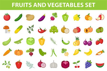 simsearch:400-05906235,k - Fresh Fruit and Vegetable icon set, flat, cartoon-style. Berries and herbs isolated on white background. Farm products, vegetarian food. Vector illustration Stock Photo - Budget Royalty-Free & Subscription, Code: 400-08932075