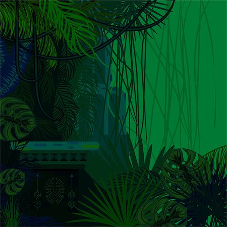 Tropical spinney foliage jungle nature background. Dark green and blue palm leaves, tree branches and old ruins vector. Fotografie stock - Microstock e Abbonamento, Codice: 400-08932226