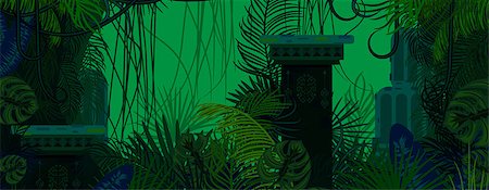 Exotic woods green wild nature background. Dense palm leaves, tree branches and mayan ruins vector. Fotografie stock - Microstock e Abbonamento, Codice: 400-08932227