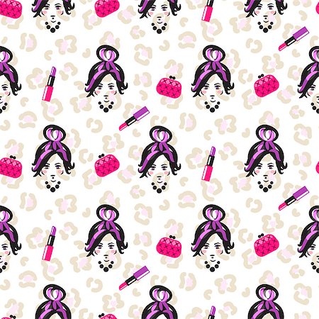 Glam girl sketch beauty seamless pattern. Leopard stain vector pink and purple background. Woman face, lipstick and bags. Stock Photo - Budget Royalty-Free & Subscription, Code: 400-08932230
