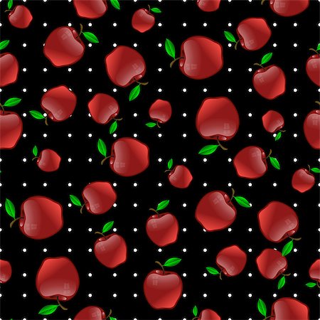 simsearch:400-06457388,k - Red Apples with Green Leaves Seamless Pattern on Black Dotted Background Photographie de stock - Aubaine LD & Abonnement, Code: 400-08932364