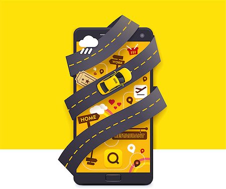 Vector taxi mobile app icon Includes smartphone with yellow taxicab and the road on the screen Photographie de stock - Aubaine LD & Abonnement, Code: 400-08932474