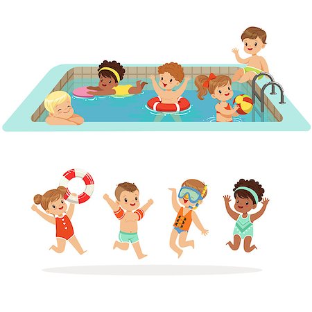 Small Children Having Fun In Water Of The Pool With Floats And Inflatable Toys In Colorful Swimsuit Set Of Happy Cute Cartoon Characters. Children Playing In And Swimming In Fresh Water Enjoying Summer Vector Illustrations. Foto de stock - Super Valor sin royalties y Suscripción, Código: 400-08932579