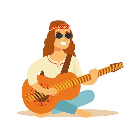 Man Hippie Dressed In Classic Woodstock Sixties Hippy Subculture Clothes Sitting Playing Guitar In Round Shades. Happy Cartoon Character Belonging To 60s Peaceful Subculture Movement Camping In Nature. Photographie de stock - Aubaine LD & Abonnement, Code: 400-08932596