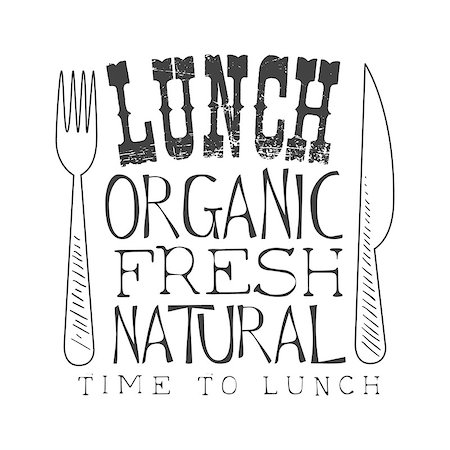 drawn fork and knife - Fresh Organic Natural Cafe Lunch Menu Promo Sign In Sketch Style, Design Label Black And White Template. Monochrome Hand Drawn Promotional Poster Print Vector Illustration. Stock Photo - Budget Royalty-Free & Subscription, Code: 400-08932615