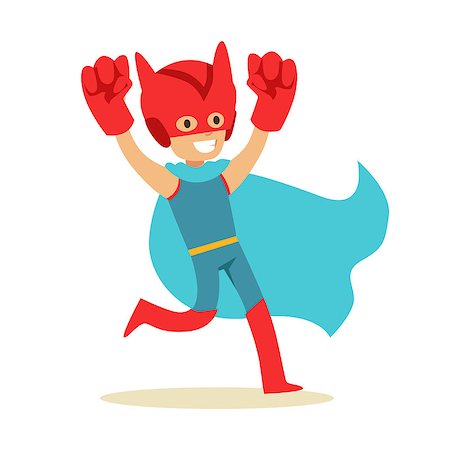 simsearch:400-08557140,k - Boy Pretending To Have Super Powers Dressed In Superhero Costume With Blue Cape And Giant Fists Smiling Character. Halloween Party Disguised Kid In Comics Hero Outfit Vector Illustration. Stockbilder - Microstock & Abonnement, Bildnummer: 400-08932674
