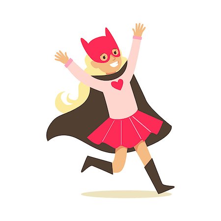 simsearch:400-08557140,k - Girl Pretending To Have Super Powers Dressed In Pink Superhero Costume With Black Cape And Cat Mask Smiling Character. Halloween Party Disguised Kid In Comics Hero Outfit Vector Illustration. Stockbilder - Microstock & Abonnement, Bildnummer: 400-08932675